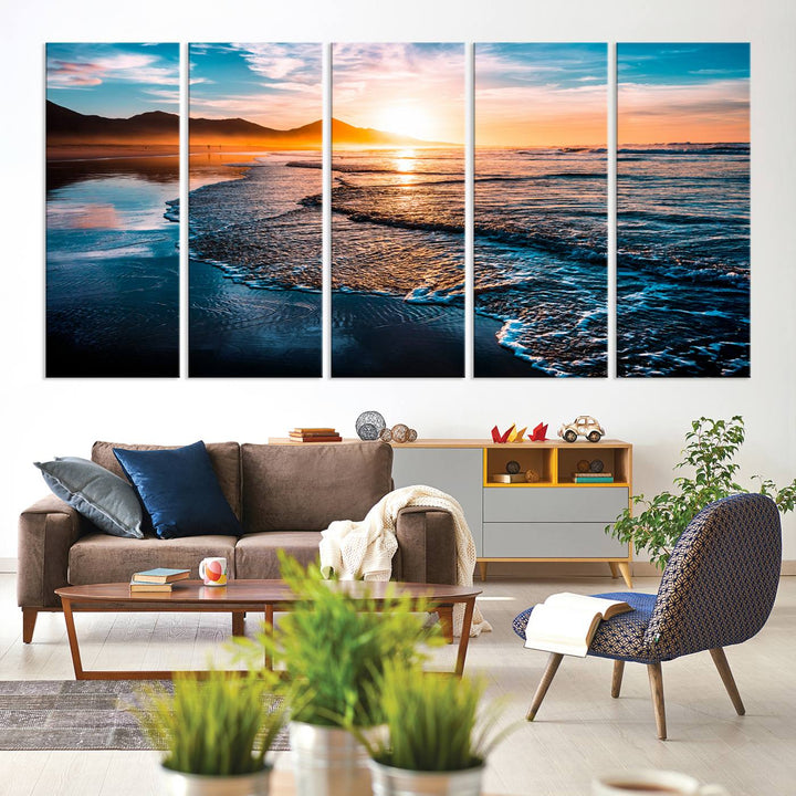 Ocean Waves Canvas Wall Art Print - Serene Beach Scene with Crystal Blue Water, Large Coastal Sunset Wall Art for Living Room, Ready to Hang Decor