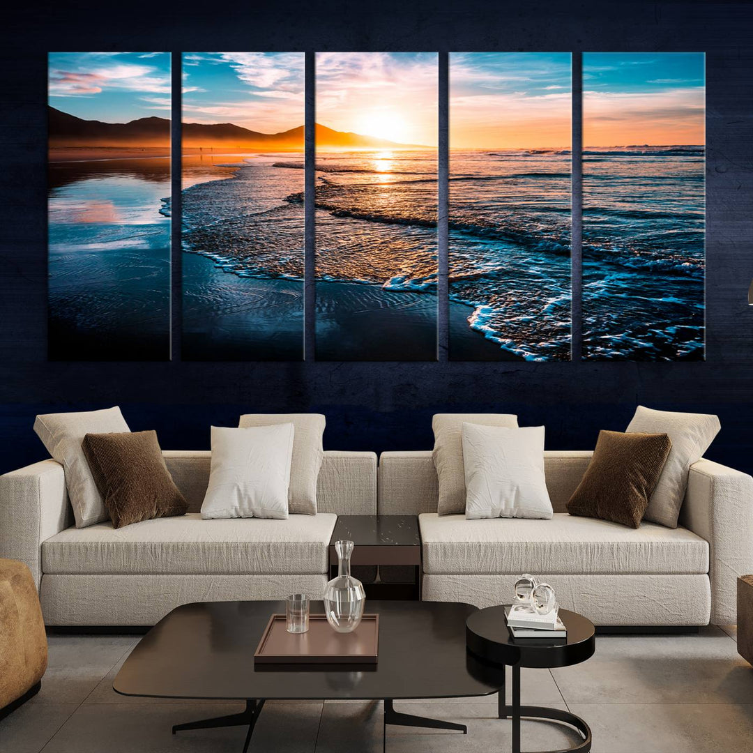 Ocean Waves Canvas Wall Art Print - Serene Beach Scene with Crystal Blue Water, Large Coastal Sunset Wall Art for Living Room, Ready to Hang Decor