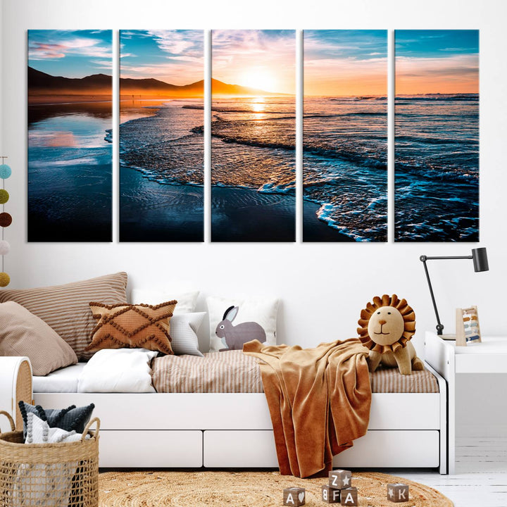 Ocean Waves Canvas Wall Art Print - Serene Beach Scene with Crystal Blue Water, Large Coastal Sunset Wall Art for Living Room, Ready to Hang Decor