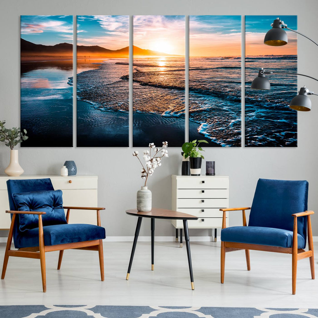 Ocean Waves Canvas Wall Art Print - Serene Beach Scene with Crystal Blue Water, Large Coastal Sunset Wall Art for Living Room, Ready to Hang Decor