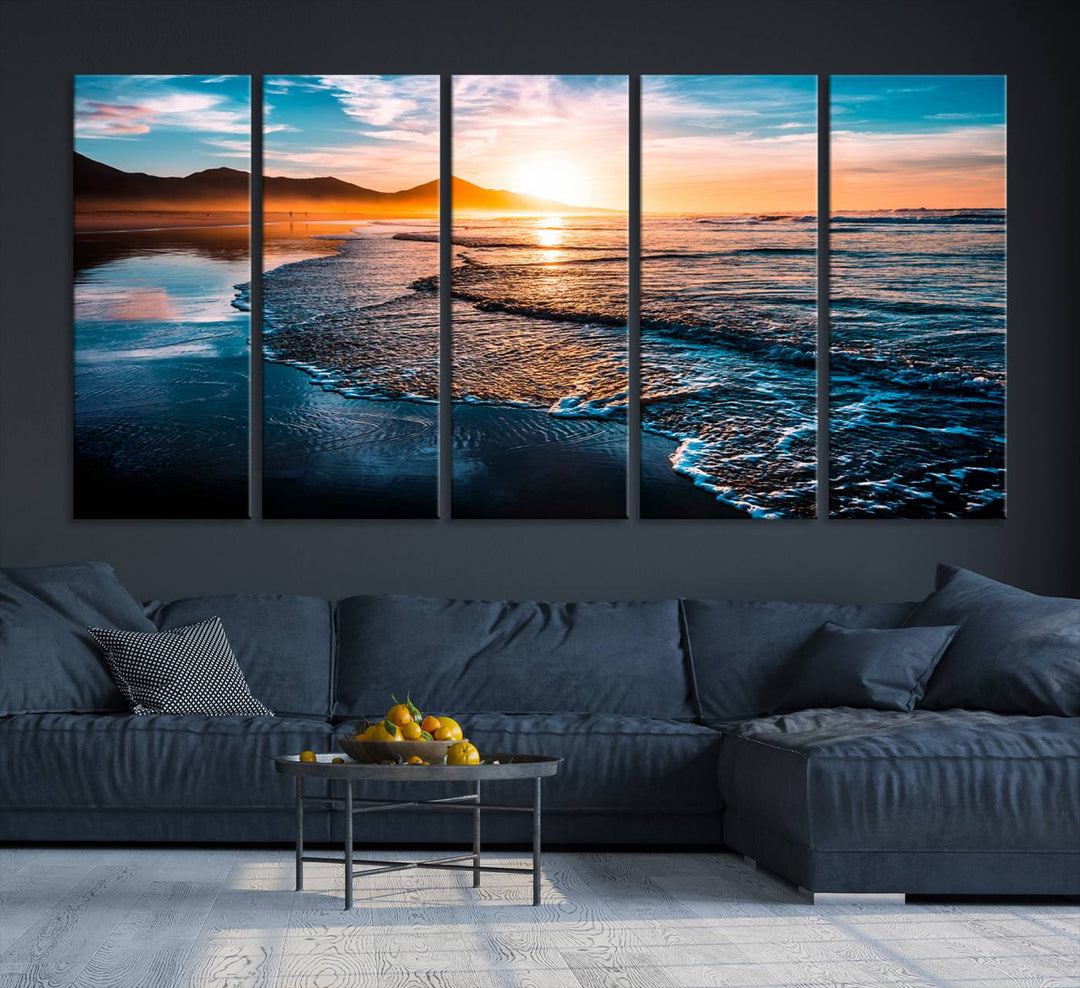 Ocean Waves Canvas Wall Art Print - Serene Beach Scene with Crystal Blue Water, Large Coastal Sunset Wall Art for Living Room, Ready to Hang Decor