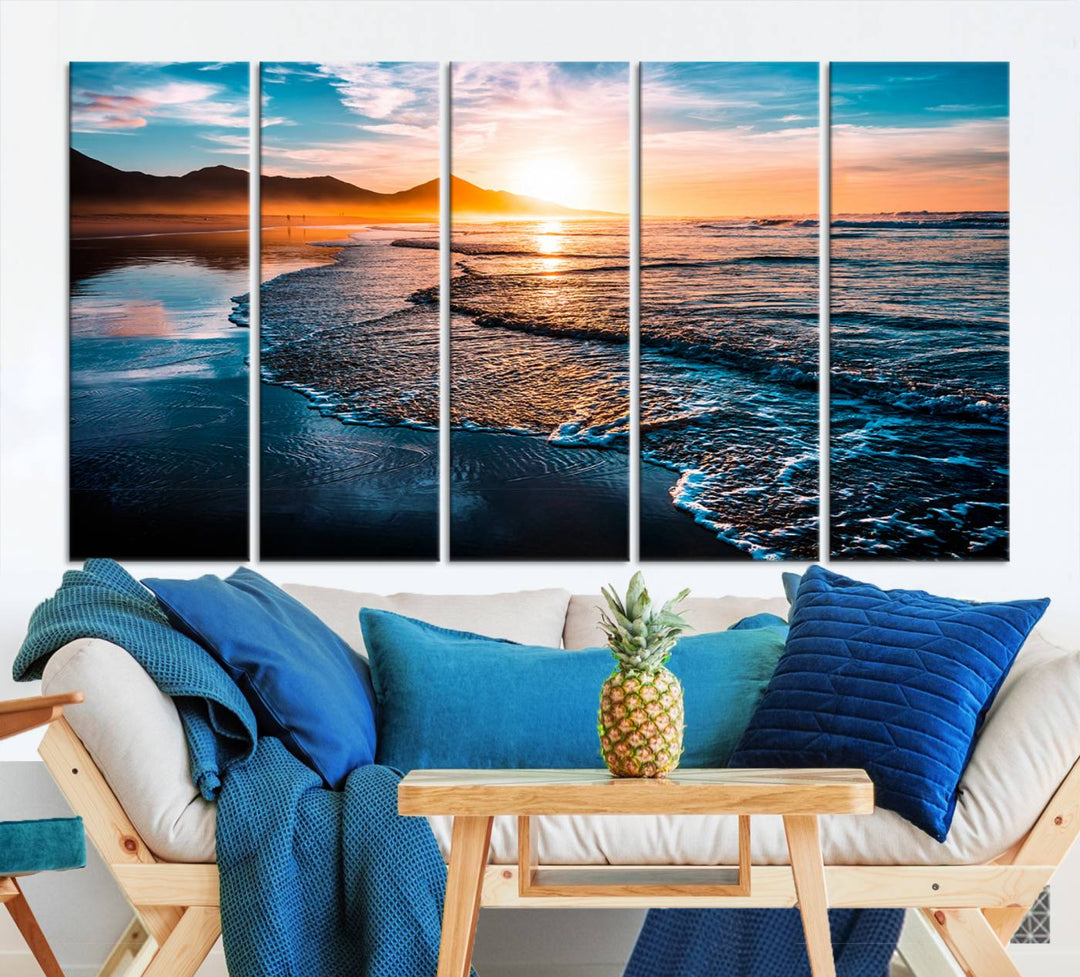 Ocean Waves Canvas Wall Art Print - Serene Beach Scene with Crystal Blue Water, Large Coastal Sunset Wall Art for Living Room, Ready to Hang Decor