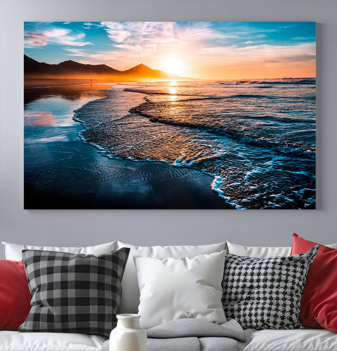 Ocean Waves Canvas Wall Art Print - Serene Beach Scene with Crystal Blue Water, Large Coastal Sunset Wall Art for Living Room, Ready to Hang Decor