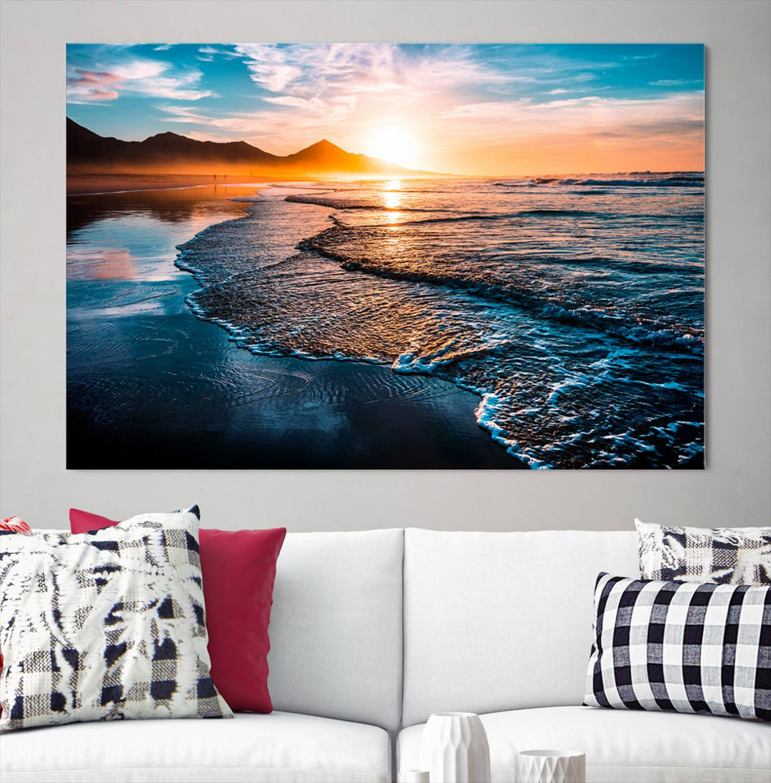 Ocean Waves Canvas Wall Art Print - Serene Beach Scene with Crystal Blue Water, Large Coastal Sunset Wall Art for Living Room, Ready to Hang Decor