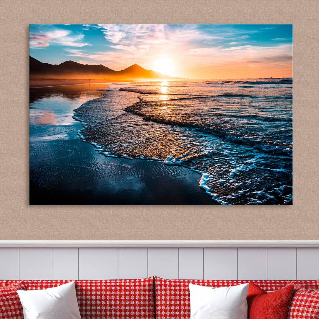 Ocean Waves Canvas Wall Art Print - Serene Beach Scene with Crystal Blue Water, Large Coastal Sunset Wall Art for Living Room, Ready to Hang Decor