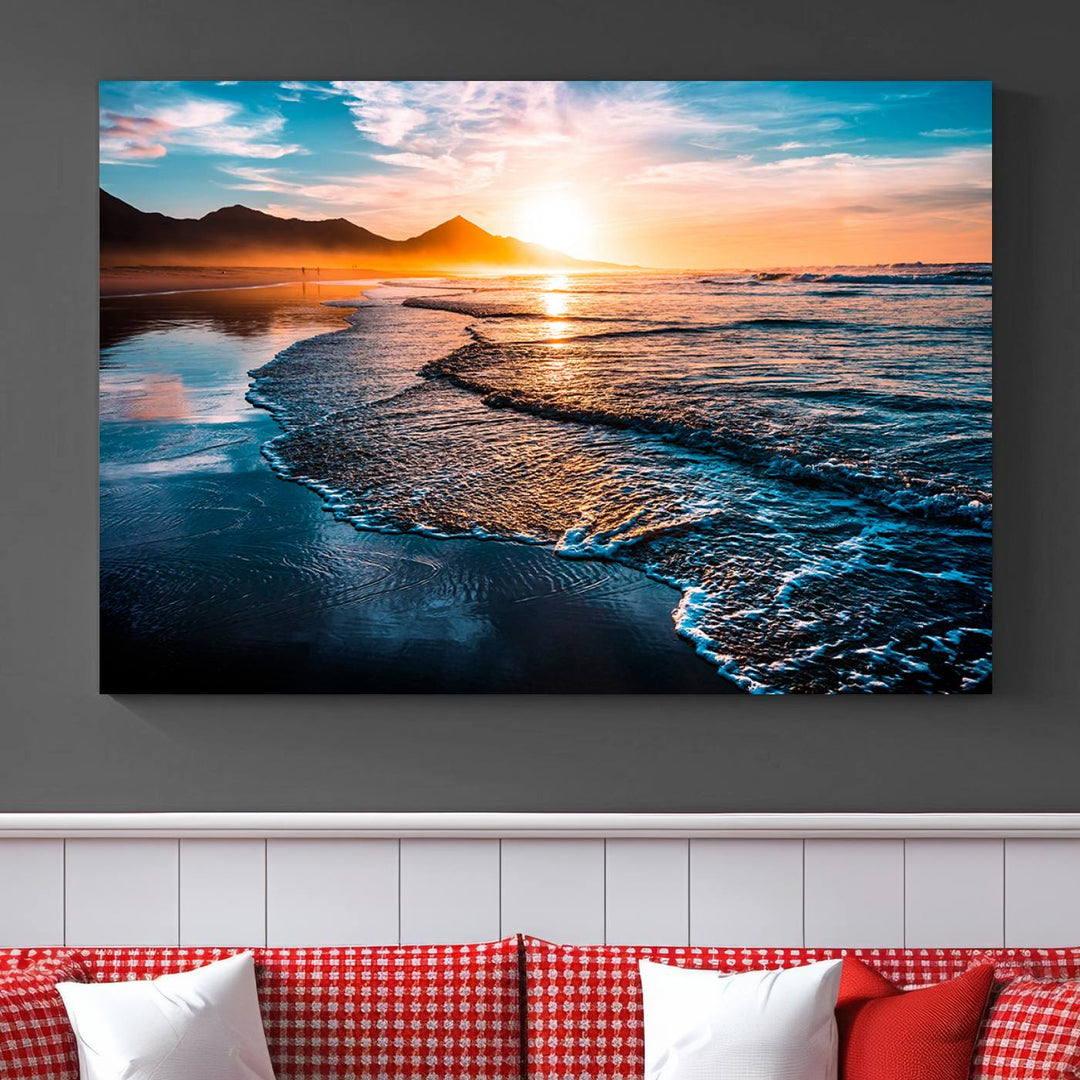 Ocean Waves Canvas Wall Art Print - Serene Beach Scene with Crystal Blue Water, Large Coastal Sunset Wall Art for Living Room, Ready to Hang Decor