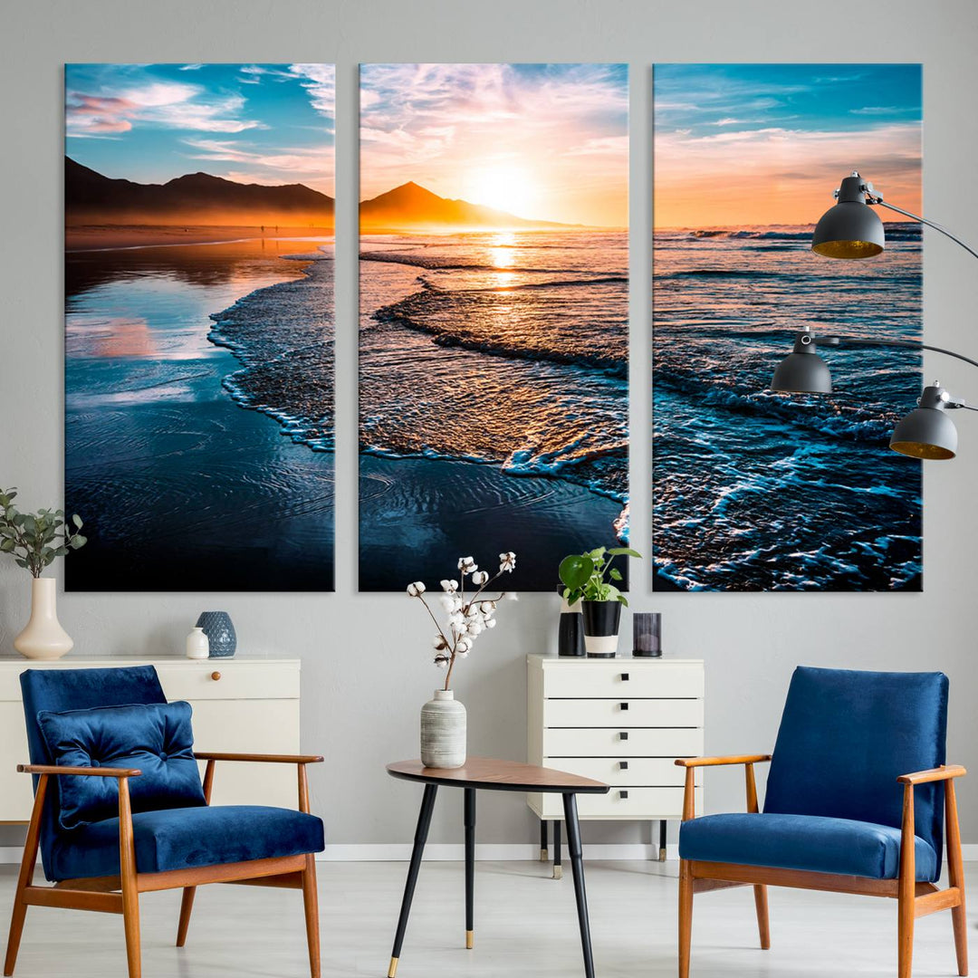 Ocean Waves Canvas Wall Art Print - Serene Beach Scene with Crystal Blue Water, Large Coastal Sunset Wall Art for Living Room, Ready to Hang Decor