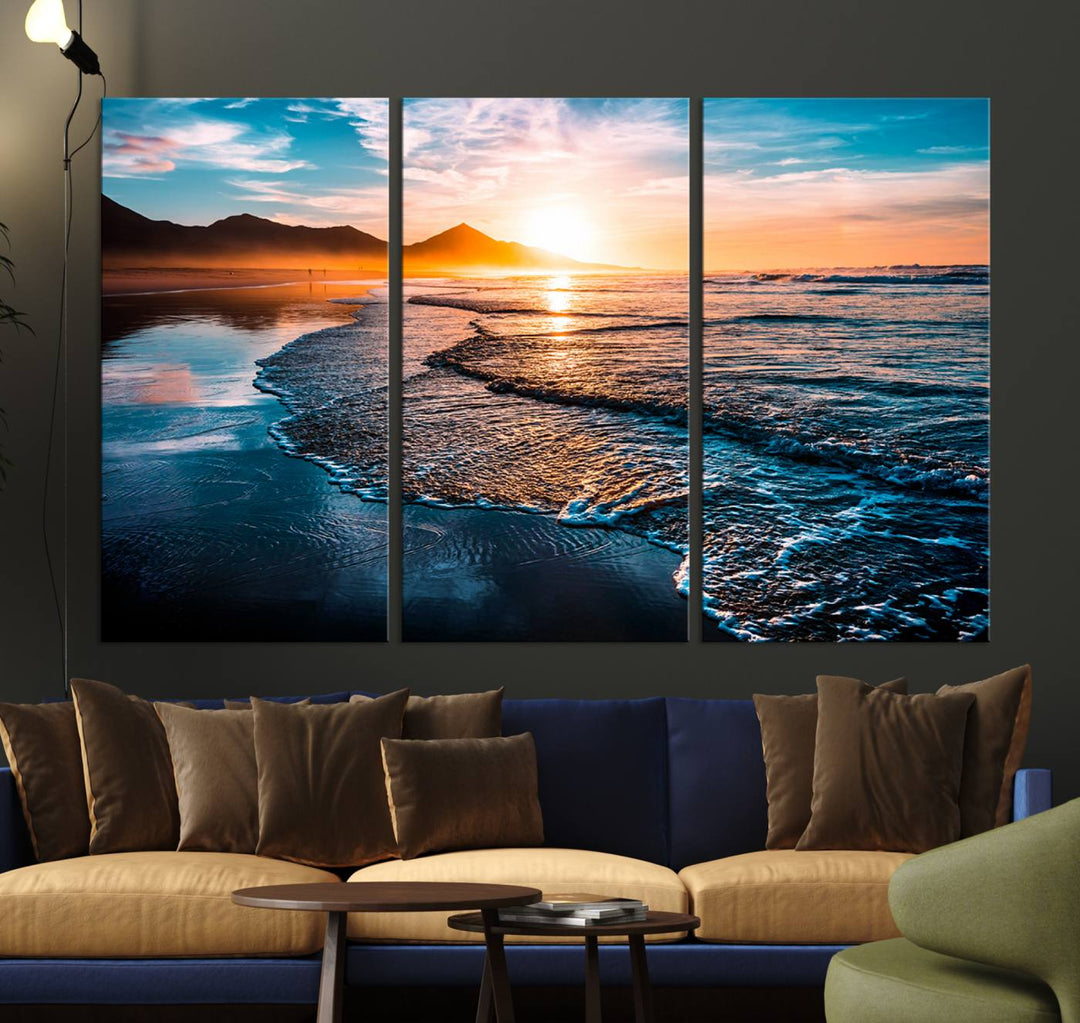 Ocean Waves Canvas Wall Art Print - Serene Beach Scene with Crystal Blue Water, Large Coastal Sunset Wall Art for Living Room, Ready to Hang Decor