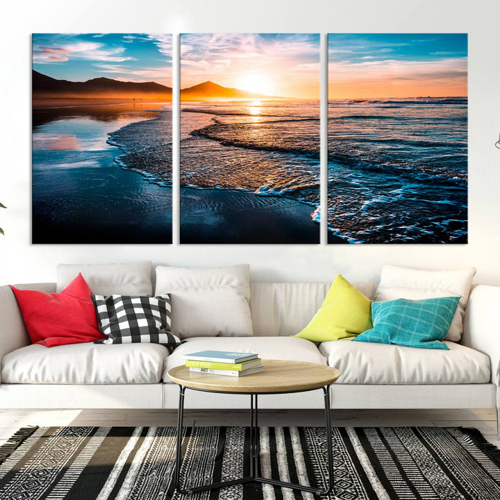 Ocean Waves Canvas Wall Art Print - Serene Beach Scene with Crystal Blue Water, Large Coastal Sunset Wall Art for Living Room, Ready to Hang Decor