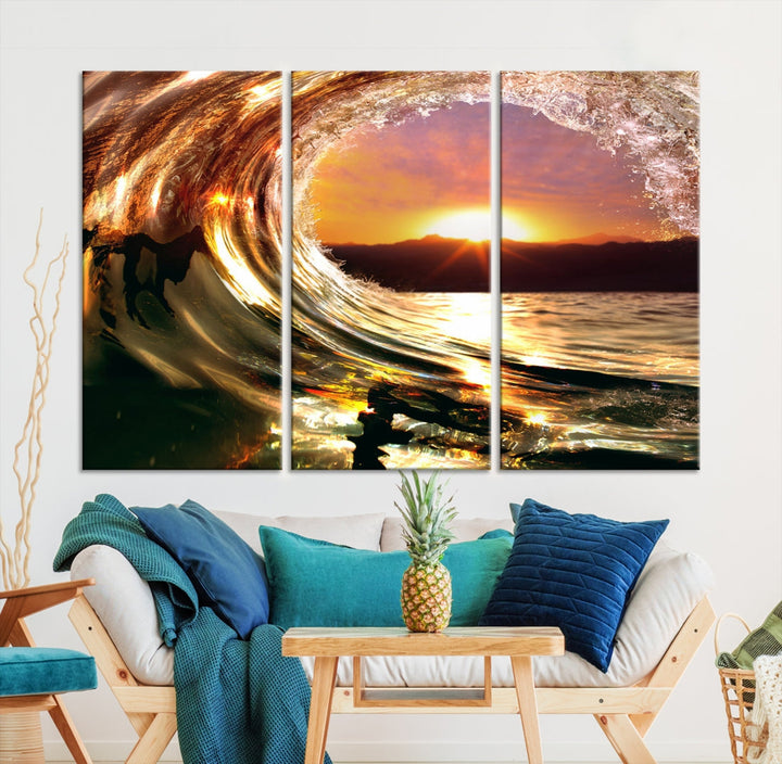 Ocean Waves Crash Under Radiant Sun Wall Art Canvas Print