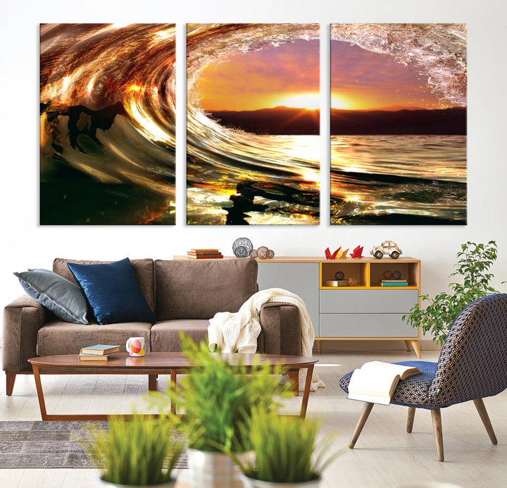 Ocean Waves Crash Under Radiant Sun Wall Art Canvas Print