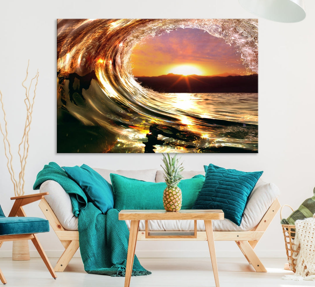 Ocean Waves Crash Under Radiant Sun Wall Art Canvas Print