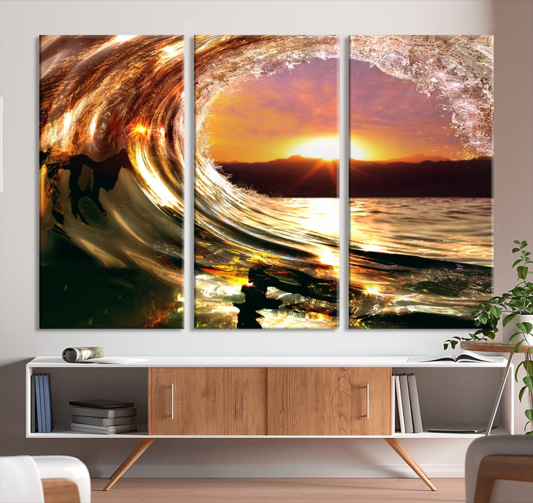 Ocean Waves Crash Under Radiant Sun Wall Art Canvas Print