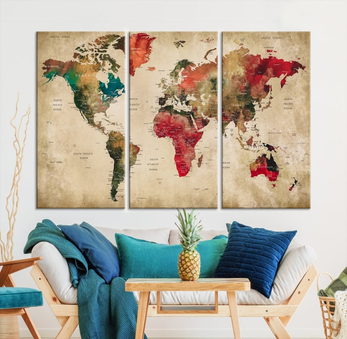 Old Style Detailed World Map on Grunge Canvas Art Print Extra Large Wall Decor