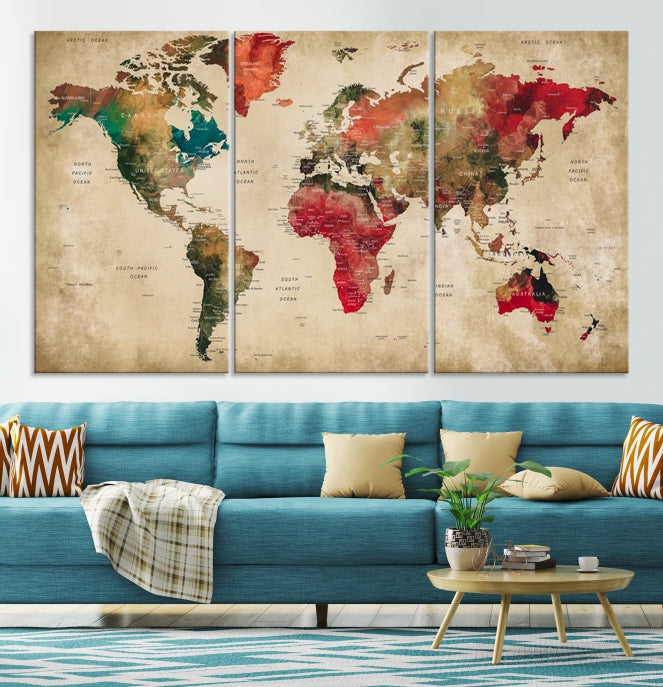 Old Style Detailed World Map on Grunge Canvas Art Print Extra Large Wall Decor