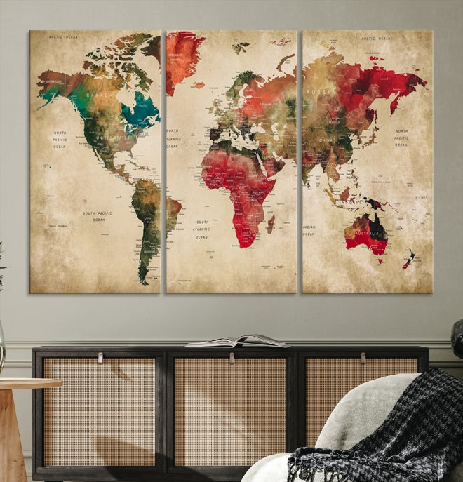 Old Style Detailed World Map on Grunge Canvas Art Print Extra Large Wall Decor