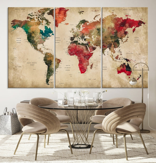 Old Style Detailed World Map on Grunge Canvas Art Print Extra Large Wall Decor