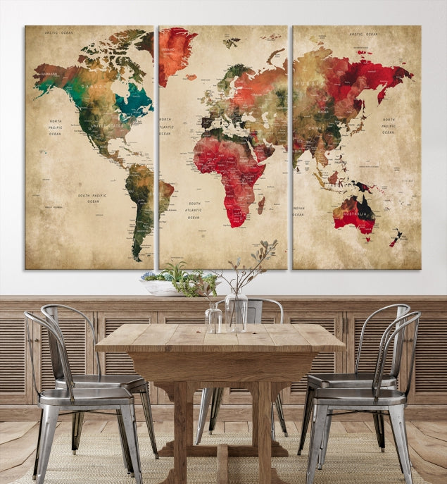 Old Style Detailed World Map on Grunge Canvas Art Print Extra Large Wall Decor