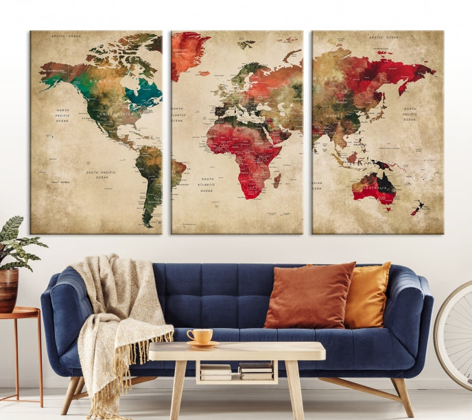 Old Style Detailed World Map on Grunge Canvas Art Print Extra Large Wall Decor