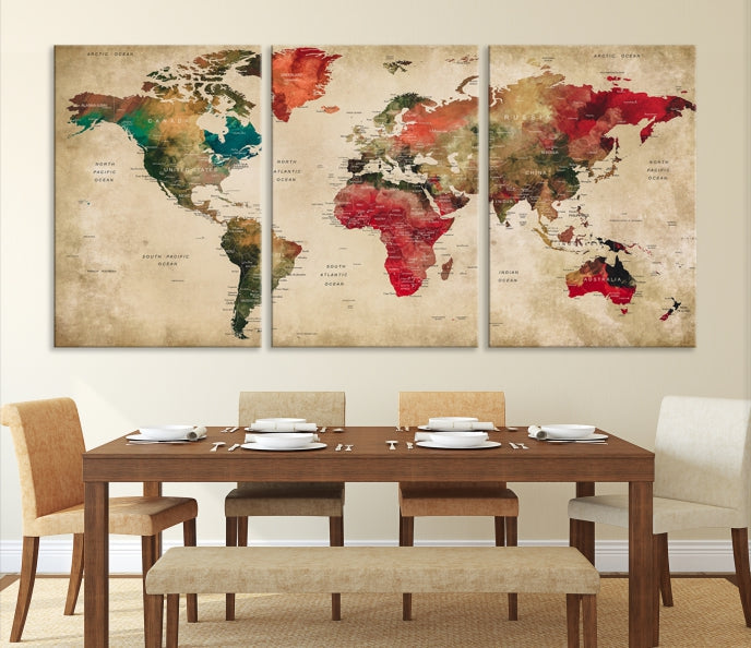 Old Style Detailed World Map on Grunge Canvas Art Print Extra Large Wall Decor