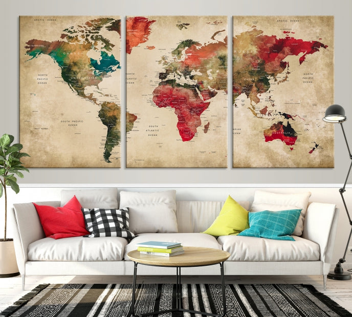 Old Style Detailed World Map on Grunge Canvas Art Print Extra Large Wall Decor