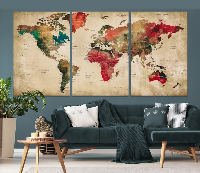 Old Style Detailed World Map on Grunge Canvas Art Print Extra Large Wall Decor