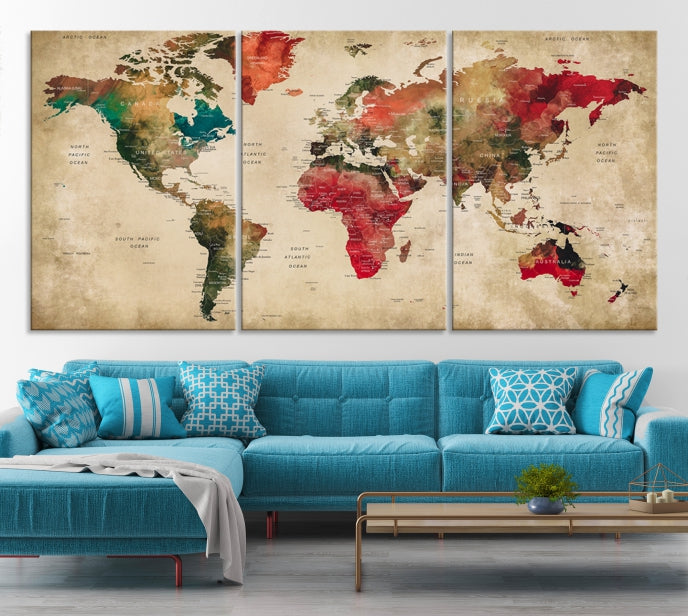 Old Style Detailed World Map on Grunge Canvas Art Print Extra Large Wall Decor