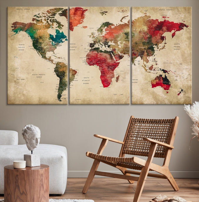 Old Style Detailed World Map on Grunge Canvas Art Print Extra Large Wall Decor