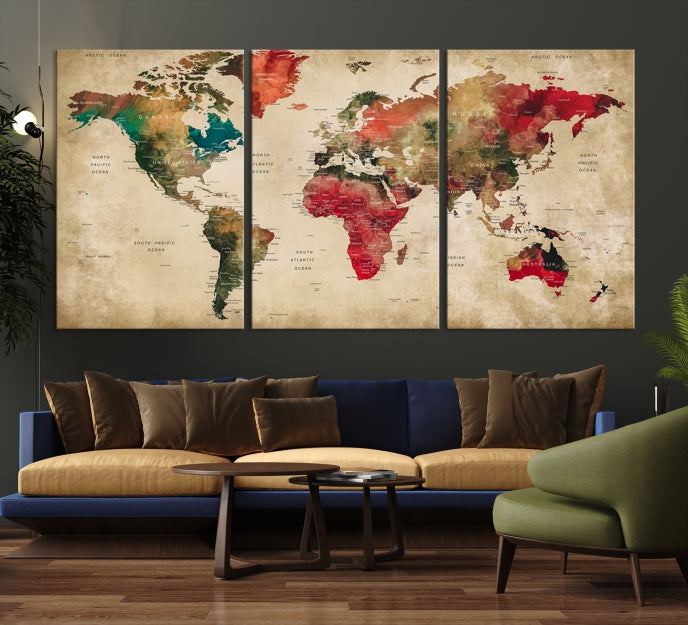 Old Style Detailed World Map on Grunge Canvas Art Print Extra Large Wall Decor