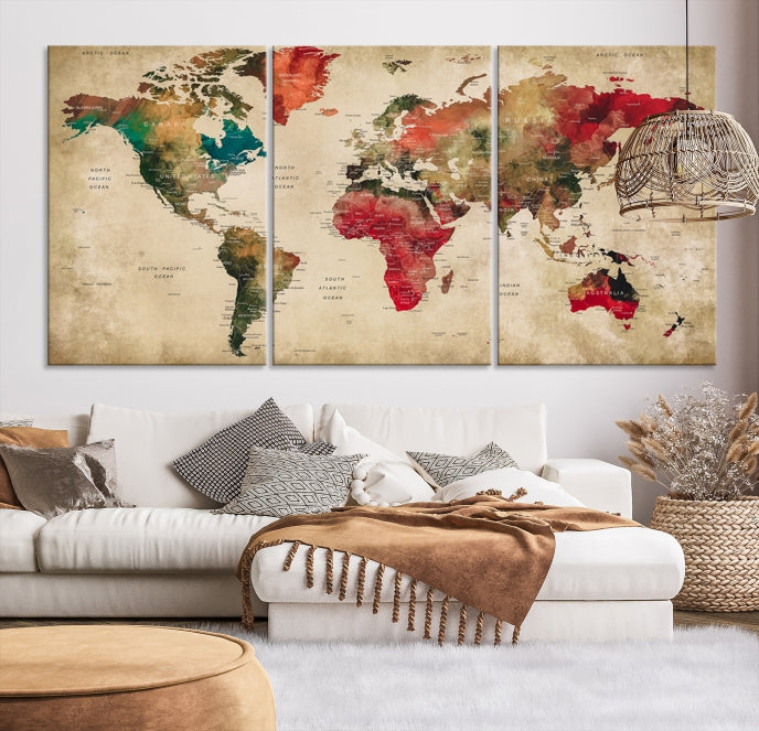 Old Style Detailed World Map on Grunge Canvas Art Print Extra Large Wall Decor