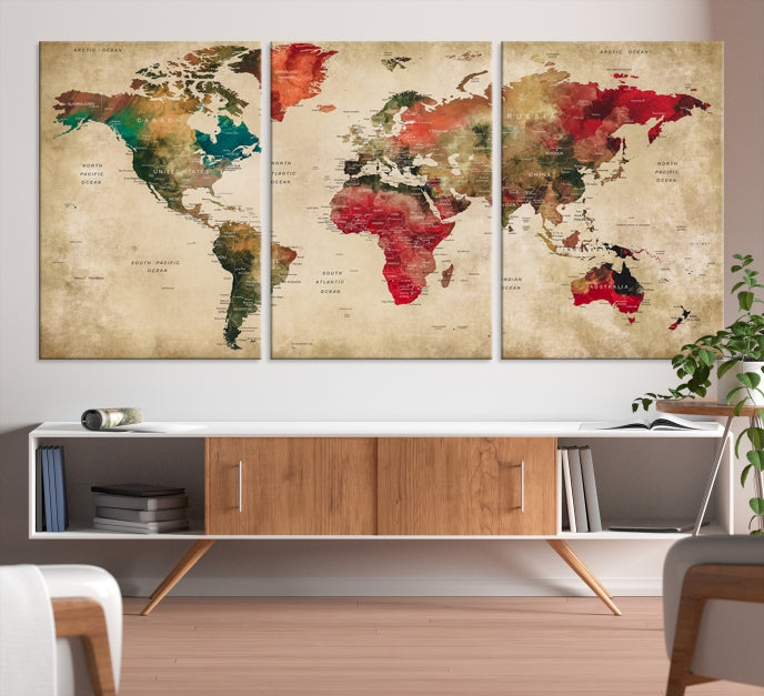 Old Style Detailed World Map on Grunge Canvas Art Print Extra Large Wall Decor