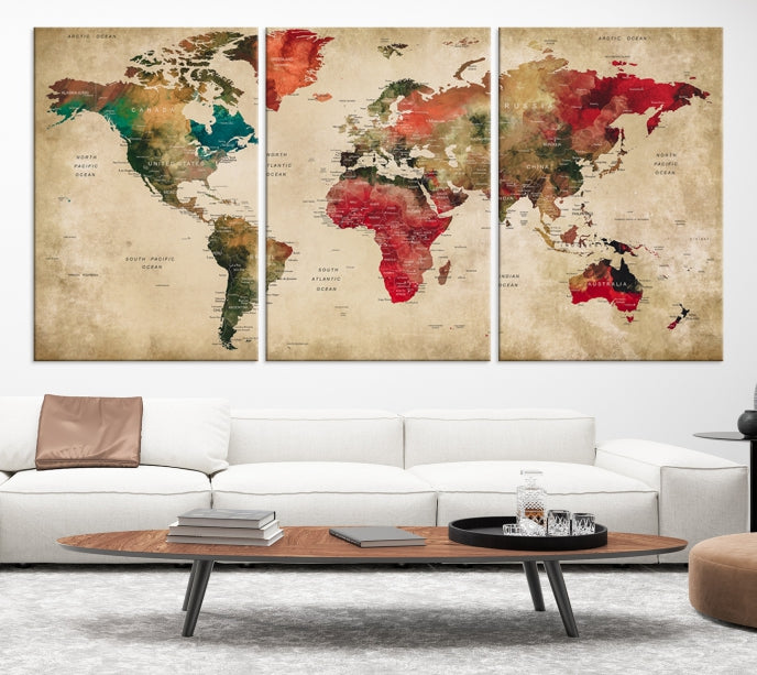 Old Style Detailed World Map on Grunge Canvas Art Print Extra Large Wall Decor