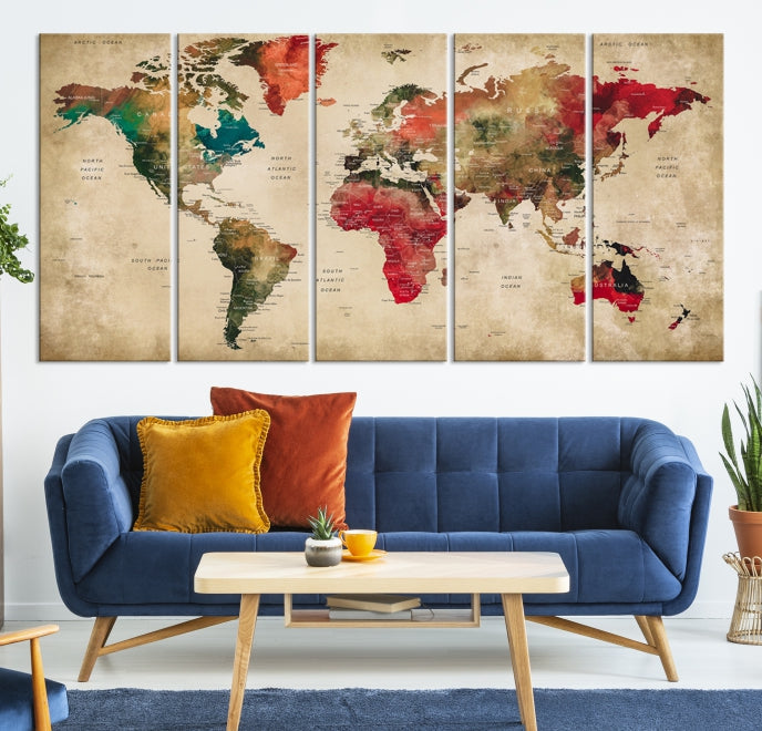 Old Style Detailed World Map on Grunge Canvas Art Print Extra Large Wall Decor