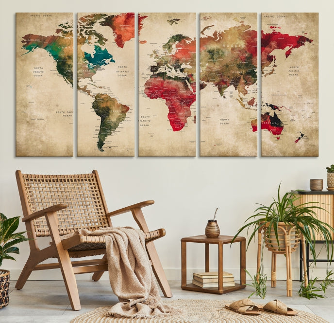 Old Style Detailed World Map on Grunge Canvas Art Print Extra Large Wall Decor