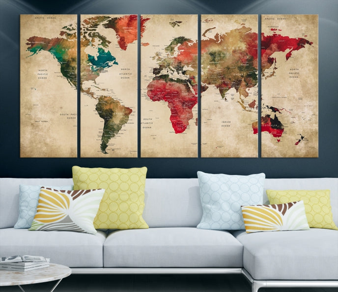 Old Style Detailed World Map on Grunge Canvas Art Print Extra Large Wall Decor