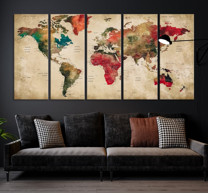 Old Style Detailed World Map on Grunge Canvas Art Print Extra Large Wall Decor