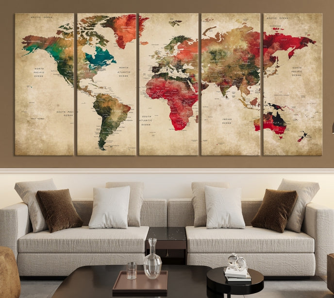 Old Style Detailed World Map on Grunge Canvas Art Print Extra Large Wall Decor