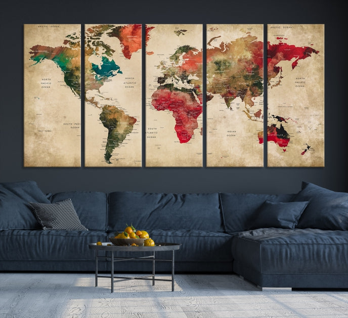 Old Style Detailed World Map on Grunge Canvas Art Print Extra Large Wall Decor