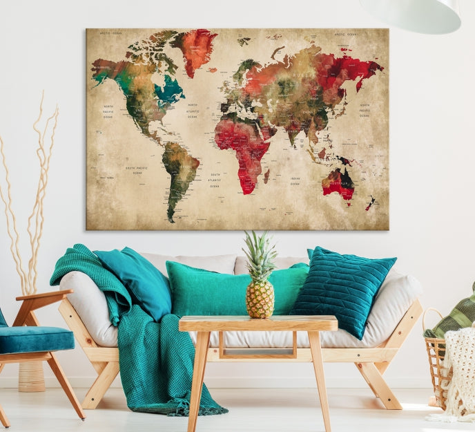 Old Style Detailed World Map on Grunge Canvas Art Print Extra Large Wall Decor