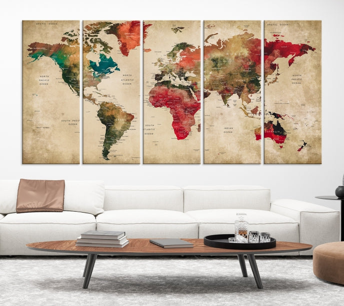 Old Style Detailed World Map on Grunge Canvas Art Print Extra Large Wall Decor