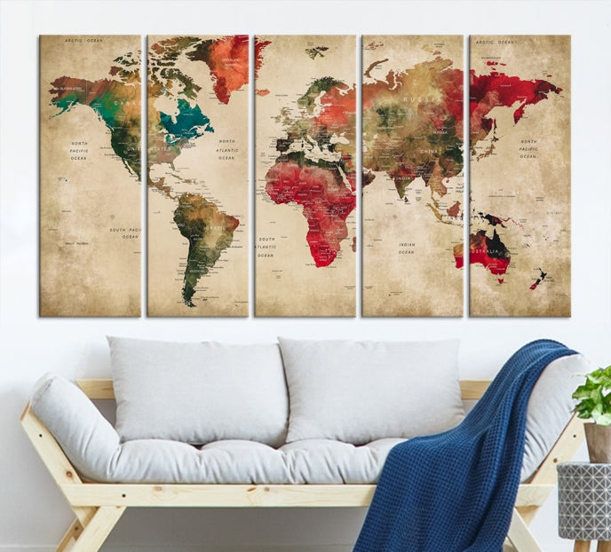 Old Style Detailed World Map on Grunge Canvas Art Print Extra Large Wall Decor