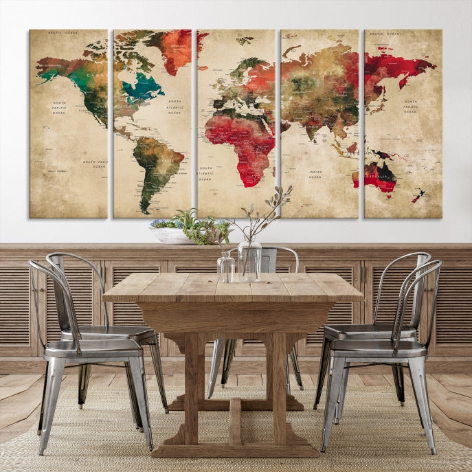 Old Style Detailed World Map on Grunge Canvas Art Print Extra Large Wall Decor