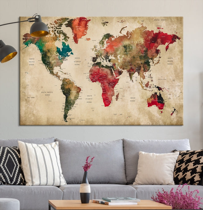 Old Style Detailed World Map on Grunge Canvas Art Print Extra Large Wall Decor