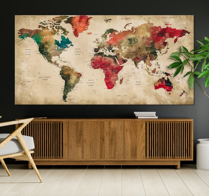 Old Style Detailed World Map on Grunge Canvas Art Print Extra Large Wall Decor