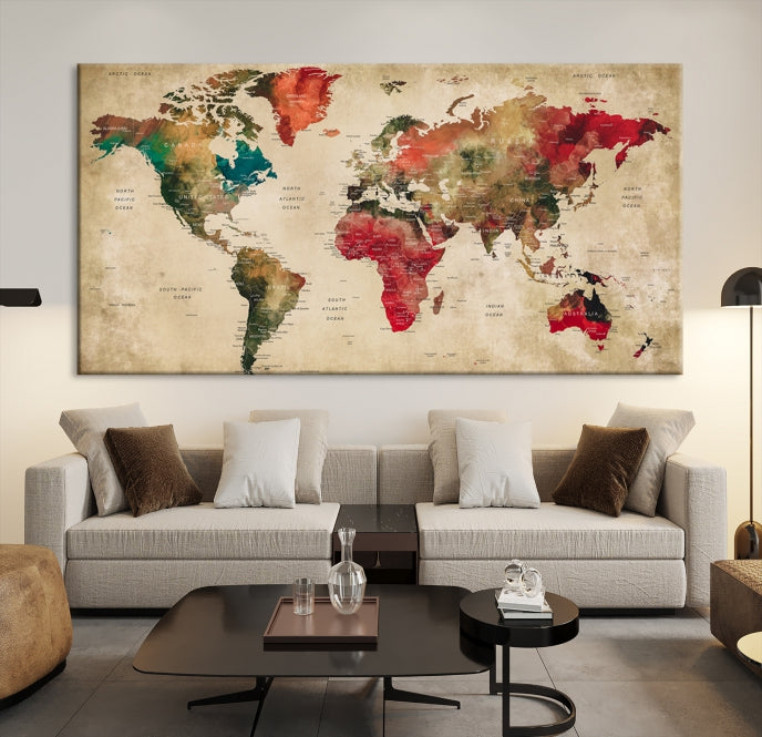 Old Style Detailed World Map on Grunge Canvas Art Print Extra Large Wall Decor