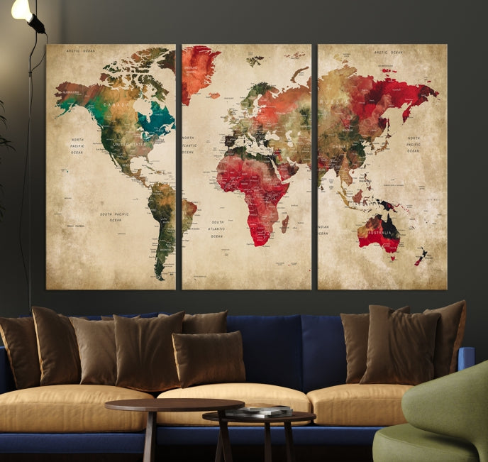 Old Style Detailed World Map on Grunge Canvas Art Print Extra Large Wall Decor