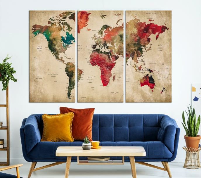 Old Style Detailed World Map on Grunge Canvas Art Print Extra Large Wall Decor