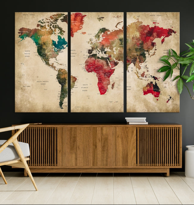 Old Style Detailed World Map on Grunge Canvas Art Print Extra Large Wall Decor