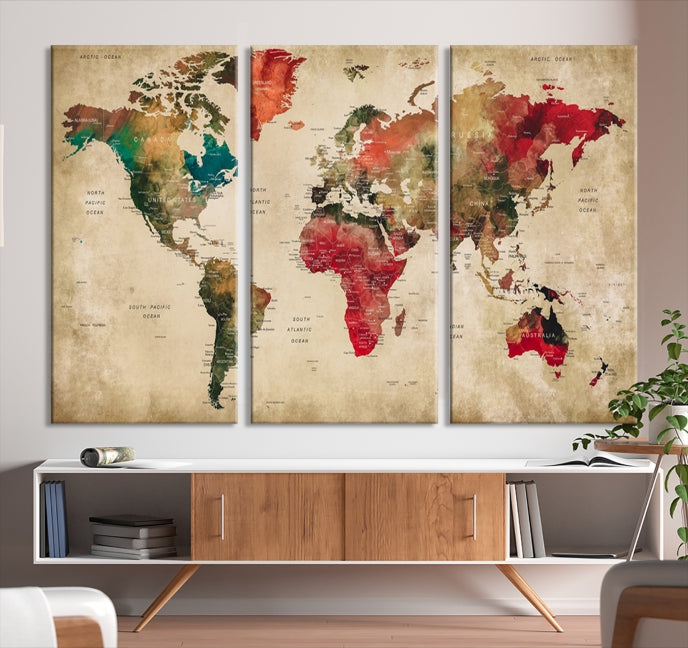 Old Style Detailed World Map on Grunge Canvas Art Print Extra Large Wall Decor