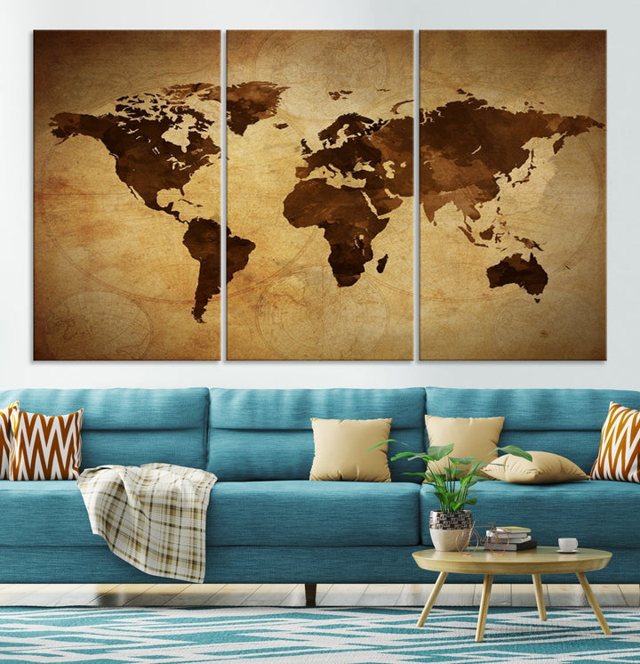 Old Style Sephia World Map Canvas Wall Art Giclee Print